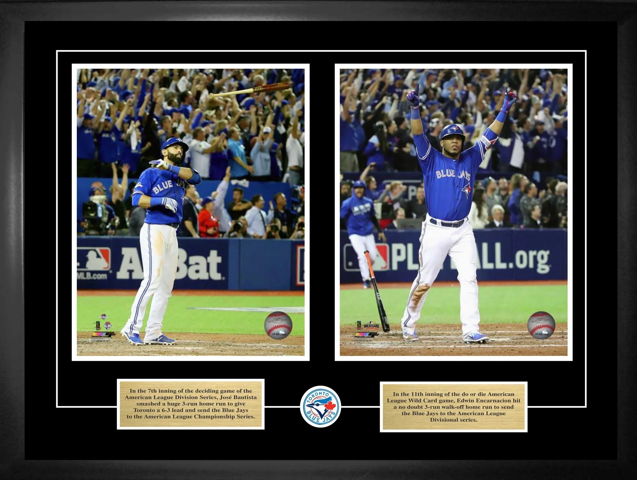 Toronto Blue Jays players celebrate home runs on field, crowd cheering, framed sports photo