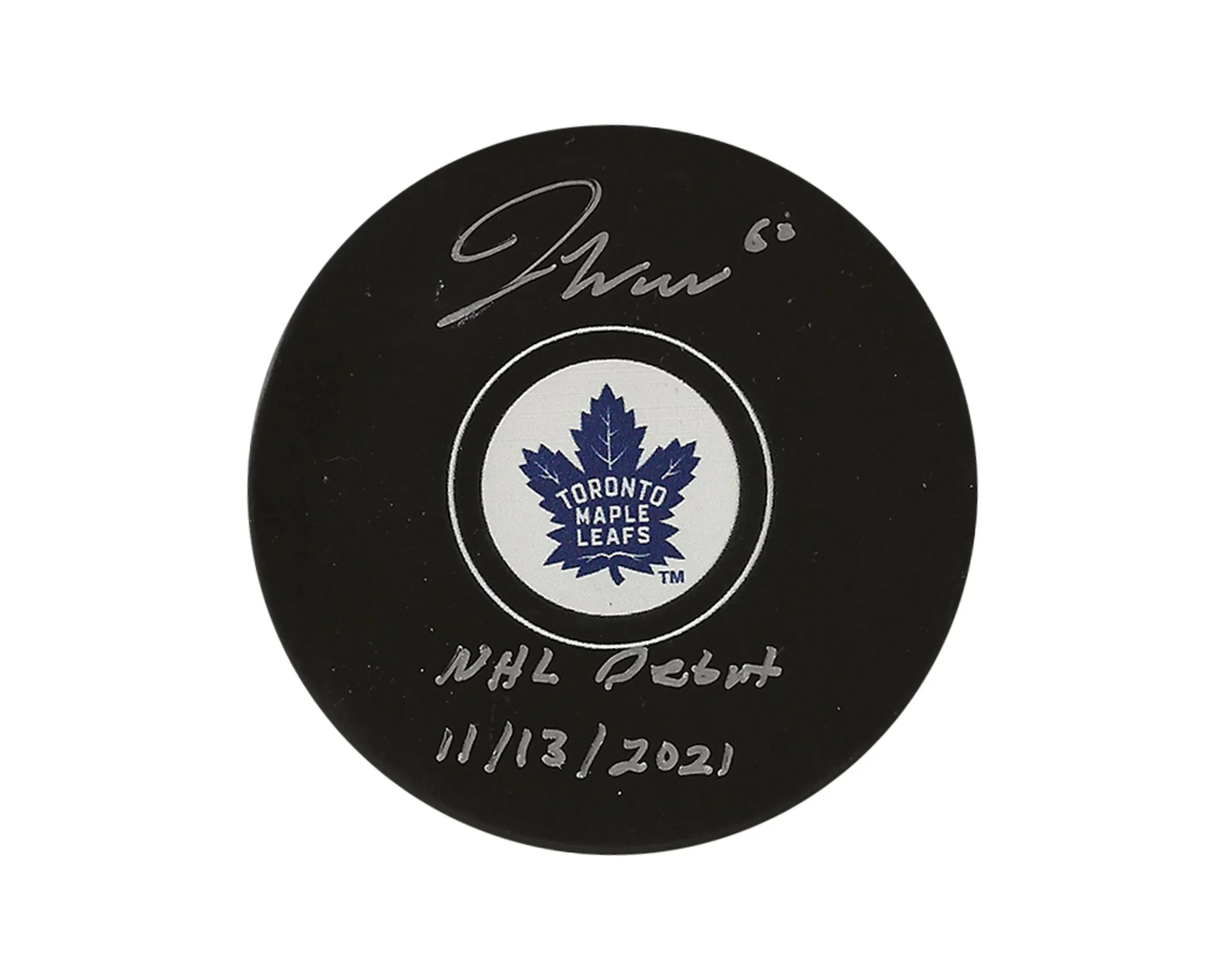 Joseph Woll Autographed Toronto Maple Leafs Autograph Model Puck Inscribed 'NHL Debut 11/13/2021'