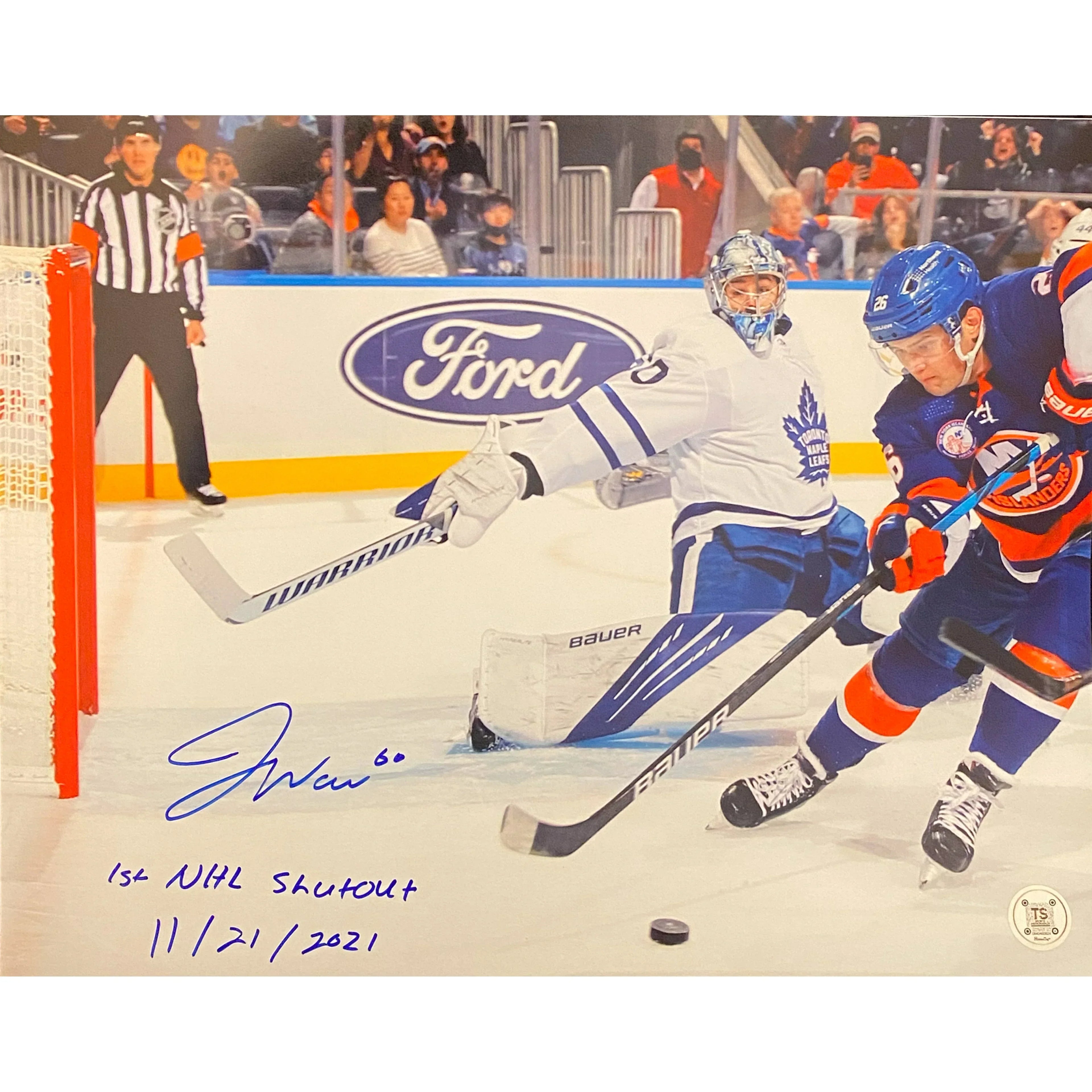Joseph Woll Toronto Maple Leafs Save Autographed 11x14 Photo Inscribed '1st NHL Shutout 11/21/2021'