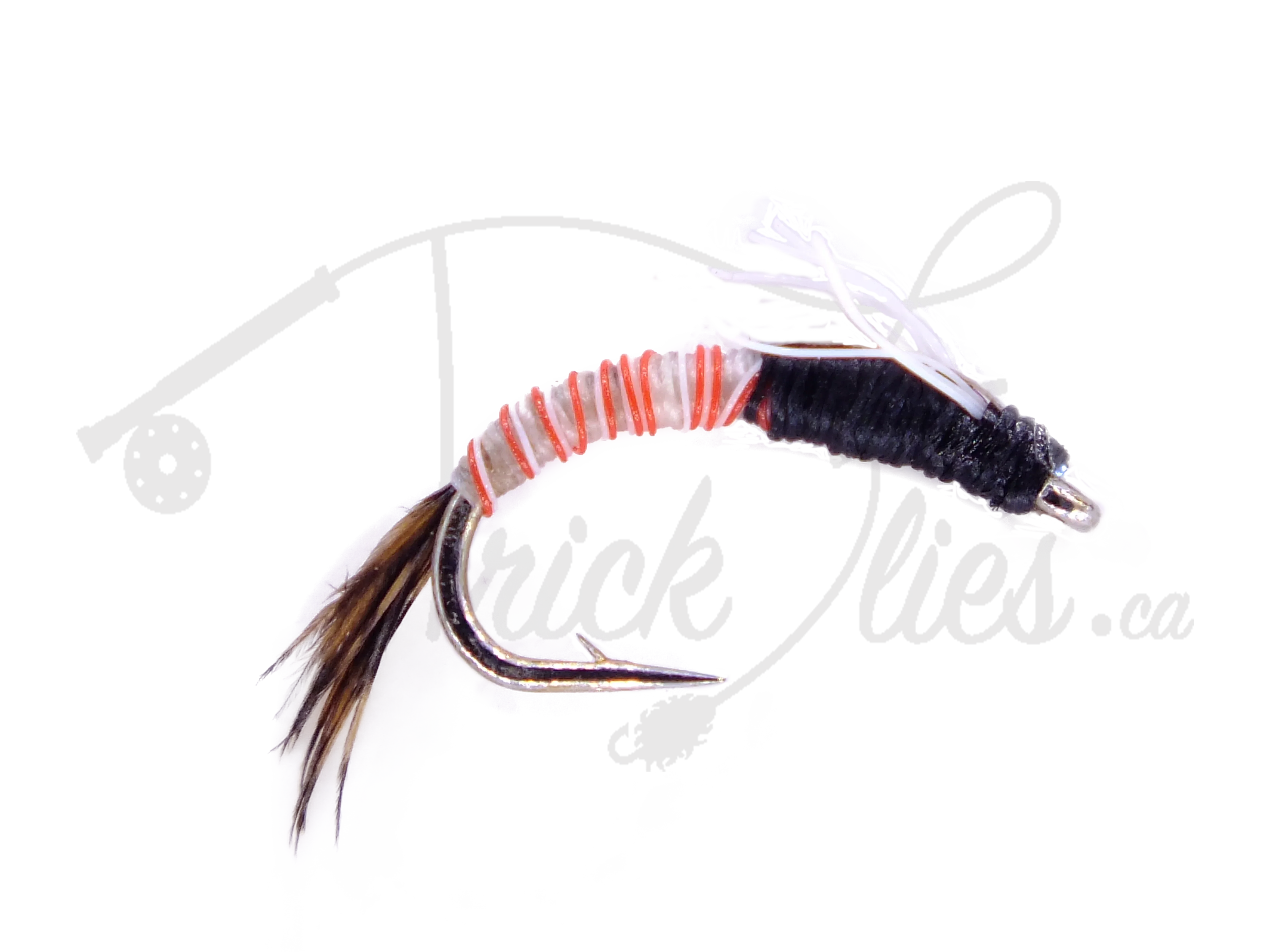 Red Juju Baetis nymph fly fishing lure with striped body and feather tail on white background
