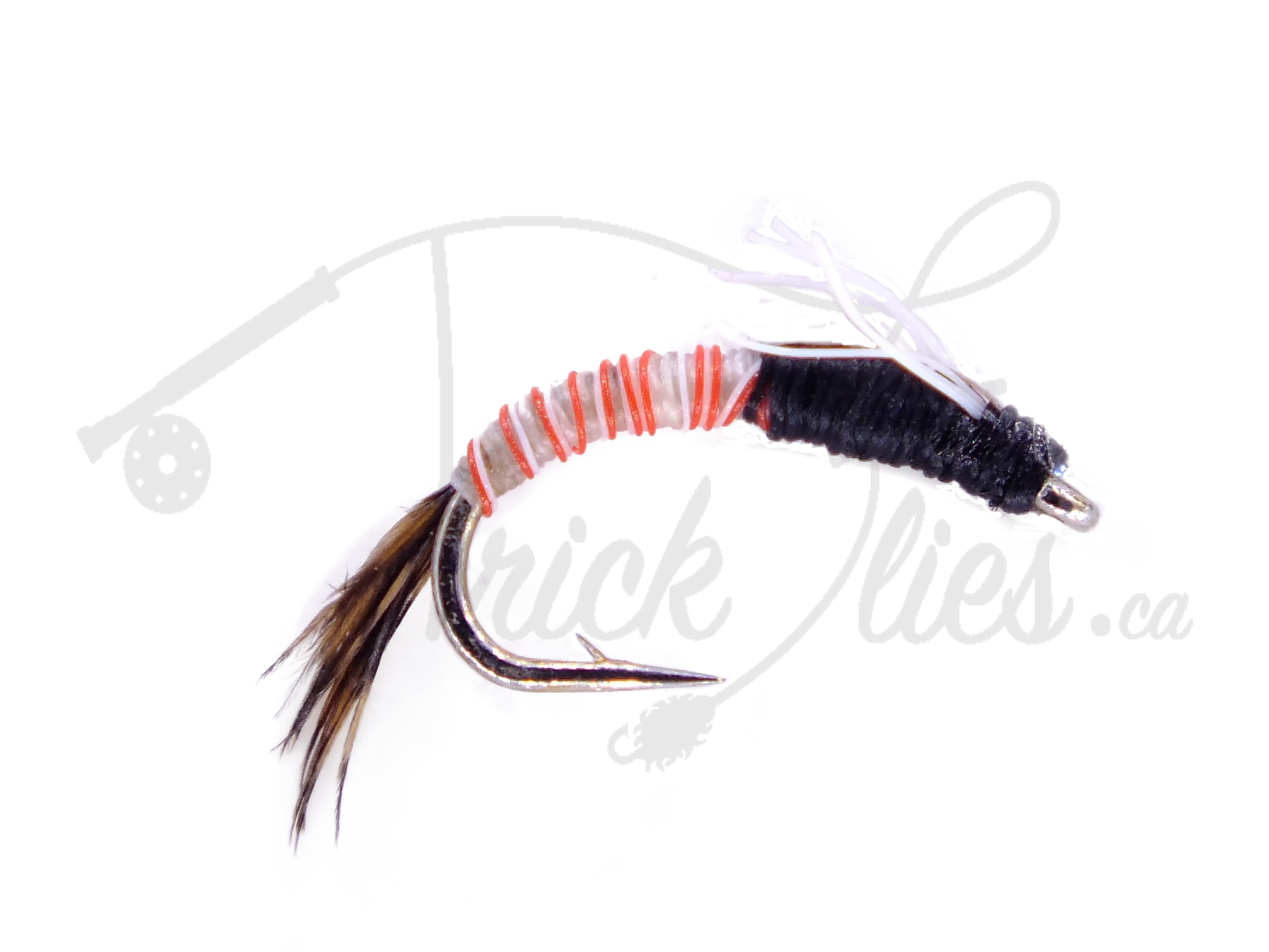 Red Juju Baetis nymph fly fishing lure with striped body and feather tail on white background