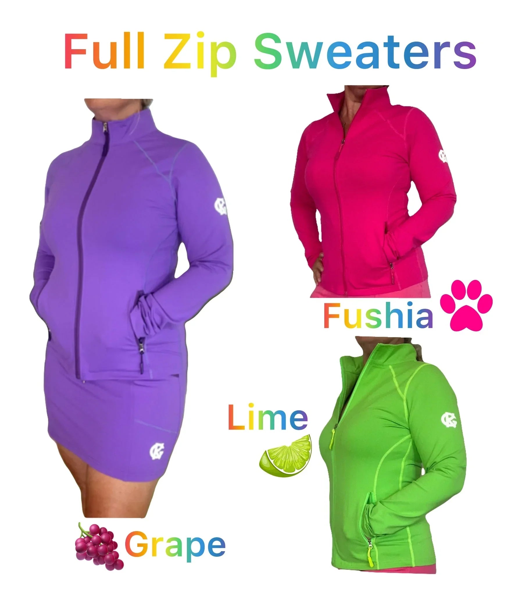 Women's full zip sweaters in grape purple, fuchsia, and lime green, displayed on models.