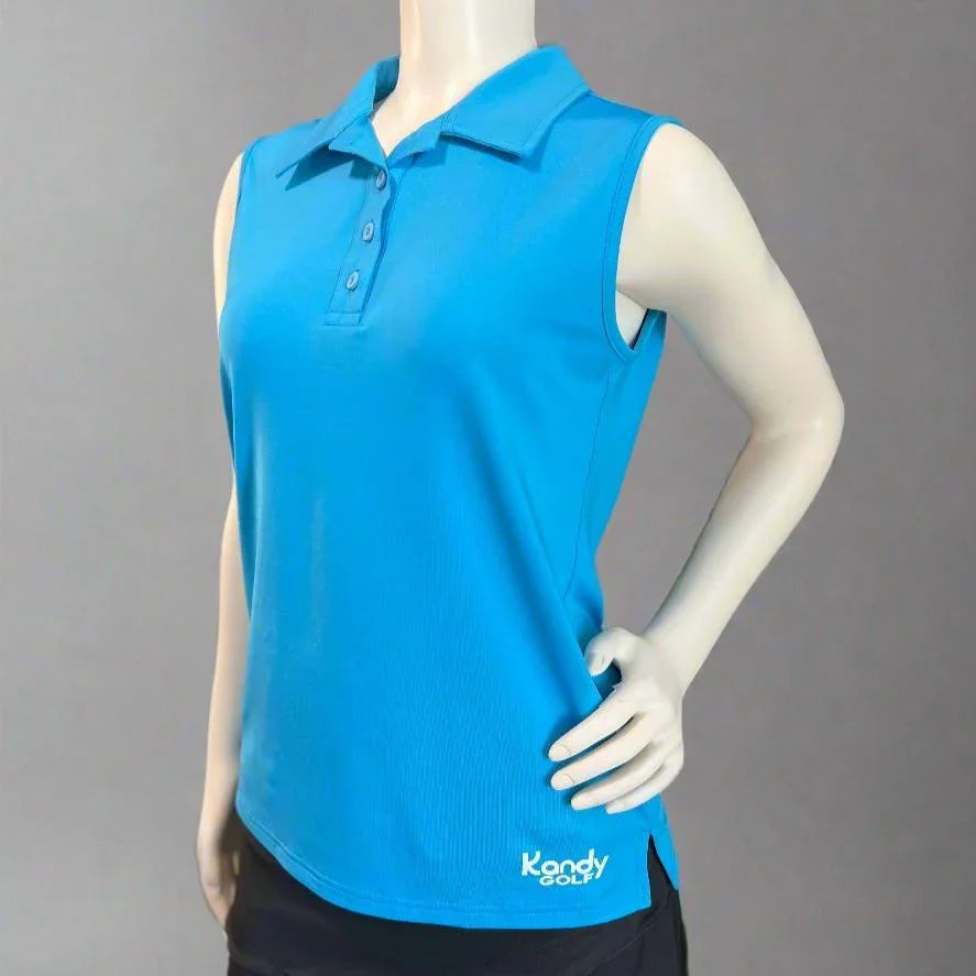 Sleeveless blue golf polo shirt on mannequin with Kandy Golf logo