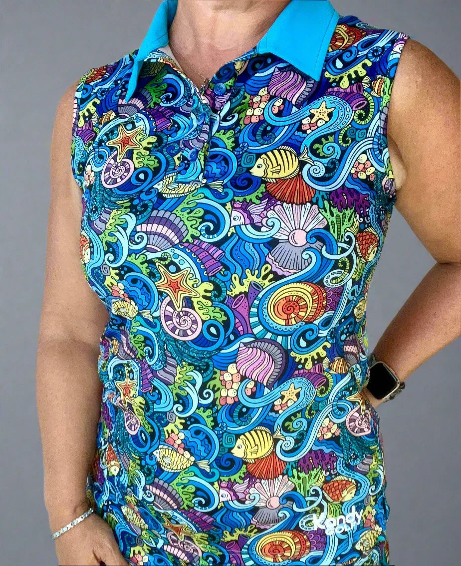 Sleeveless shirt with colorful undersea abstract pattern featuring fish and shells