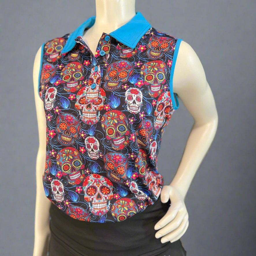 Sleeveless women's polo shirt with colorful sugar skull pattern and blue collar