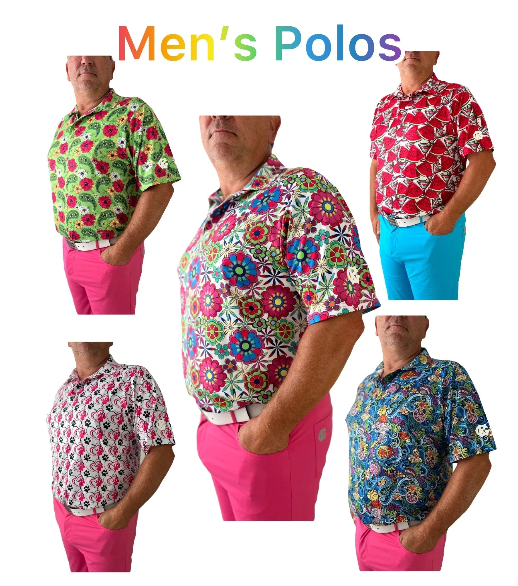 Men modeling colorful patterned polos and pants under 'Men's Polos' text on white background.