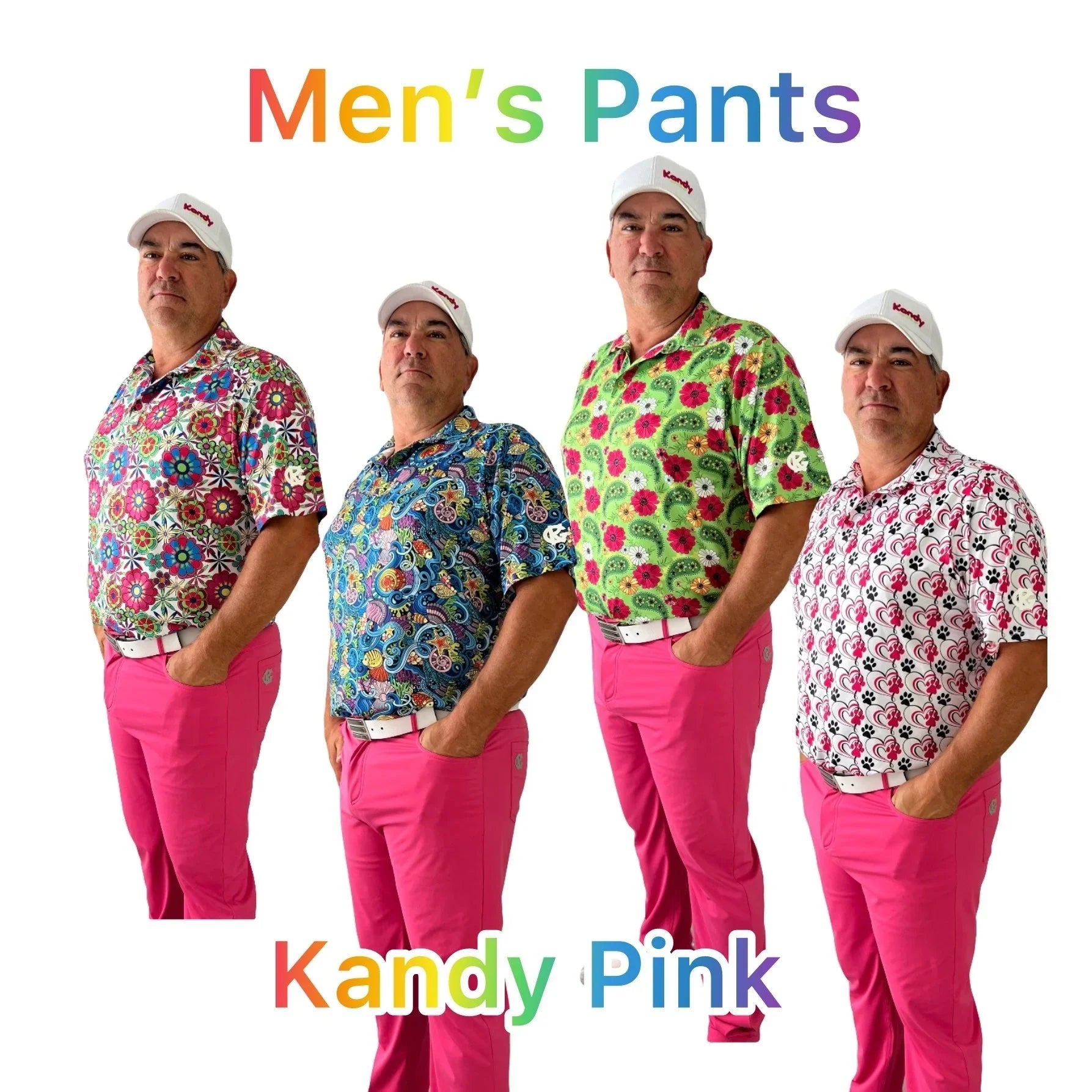 Men modeling Kandy Pink pants with colorful patterned shirts and white caps on white background