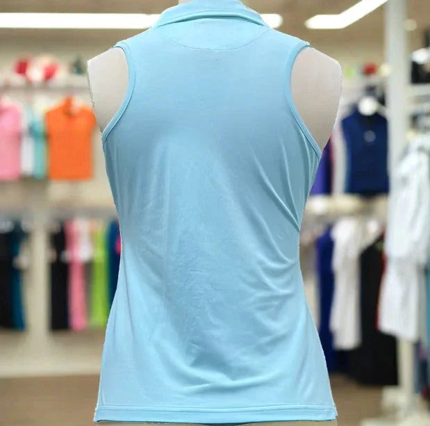 Light blue sleeveless polo shirt on mannequin in sportswear store