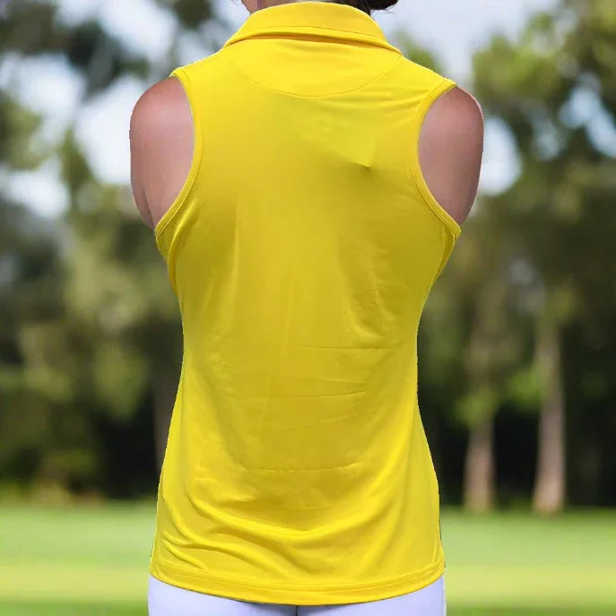 Back view of a woman in a sleeveless yellow polo shirt outdoors on a sunny day