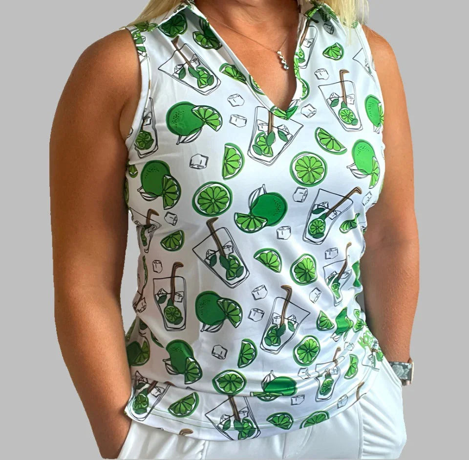 Sleeveless women's golf shirt with lime, cocktail, and ice cube pattern on white background