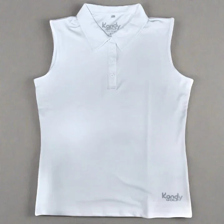 Sleeveless white women's golf polo shirt with collar by Kandy Golf on flat surface