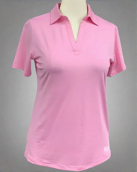 Light pink women’s polo shirt with short sleeves on mannequin, plain background
