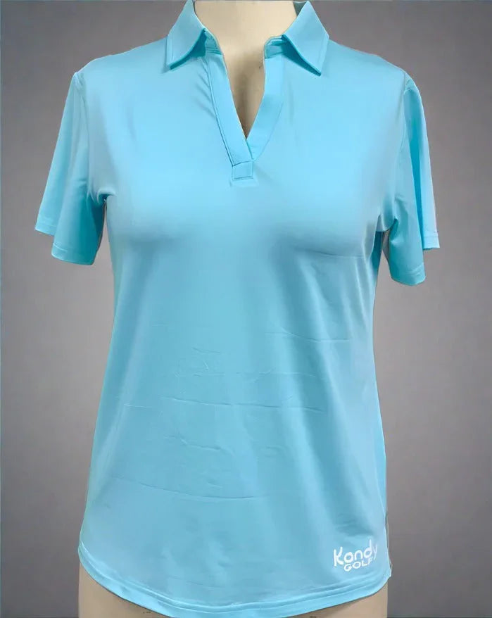 Light blue women's golf polo shirt with short sleeves and Kandy Golf logo on hem