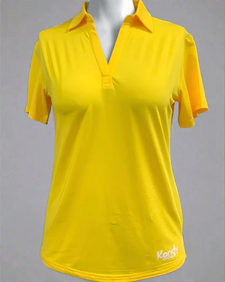 Yellow women's golf polo shirt with collar and Kandy Golf logo on front