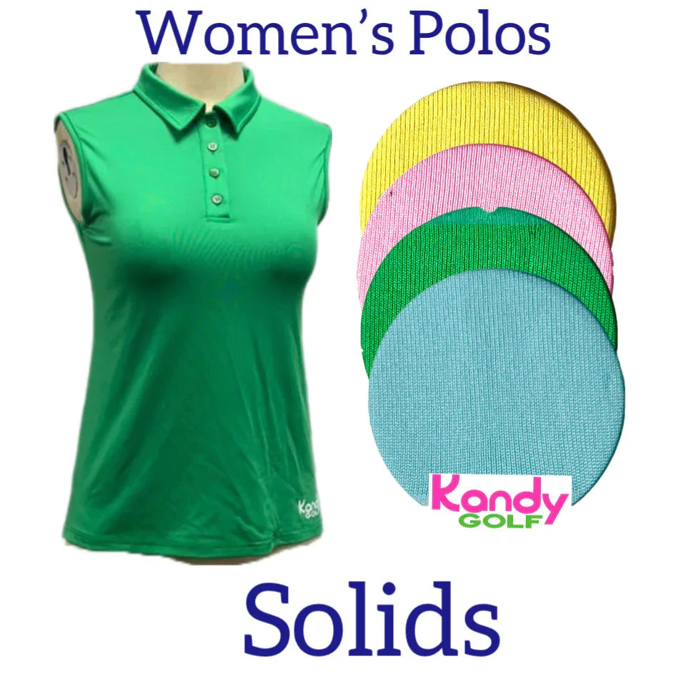 Women's solid color golf polo shirts by Kandy Golf in green, yellow, pink, blue, and green options.