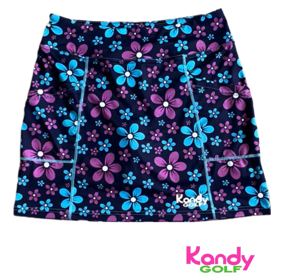 Kandy Golf floral golf skirt with purple and blue flowers on navy background