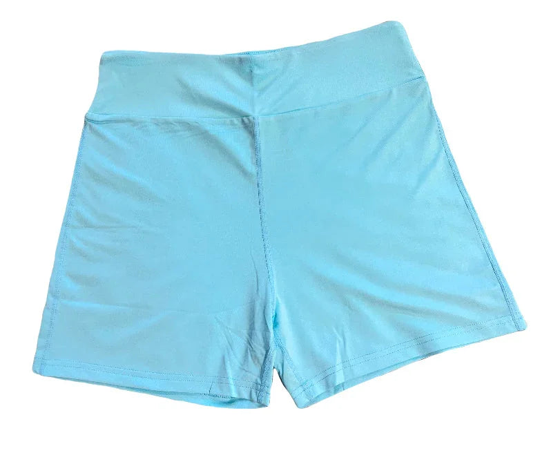 Light blue high-waisted athletic shorts, flat lay on white background