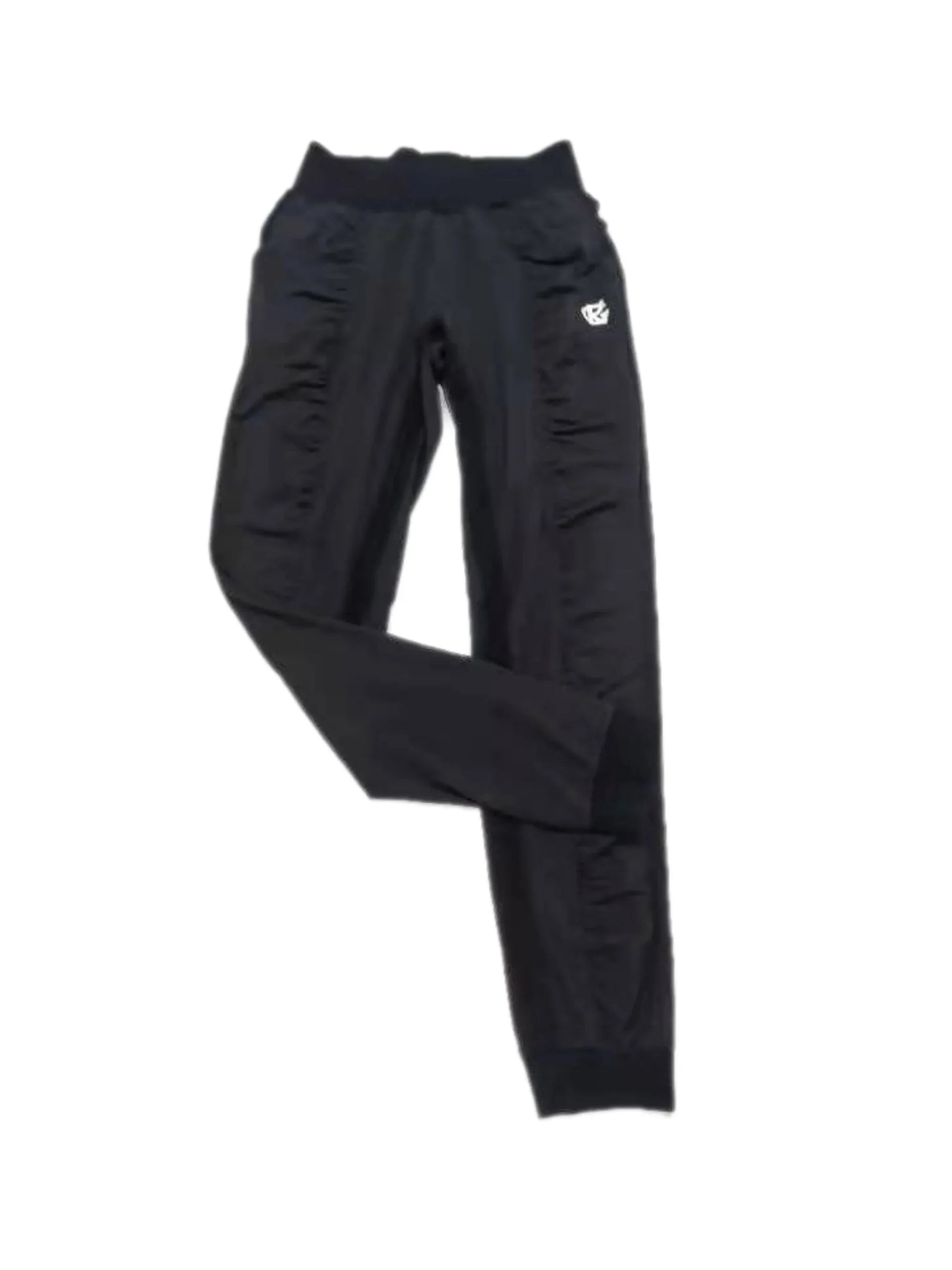 Black jogger pants with elastic waistband and side logo on white background