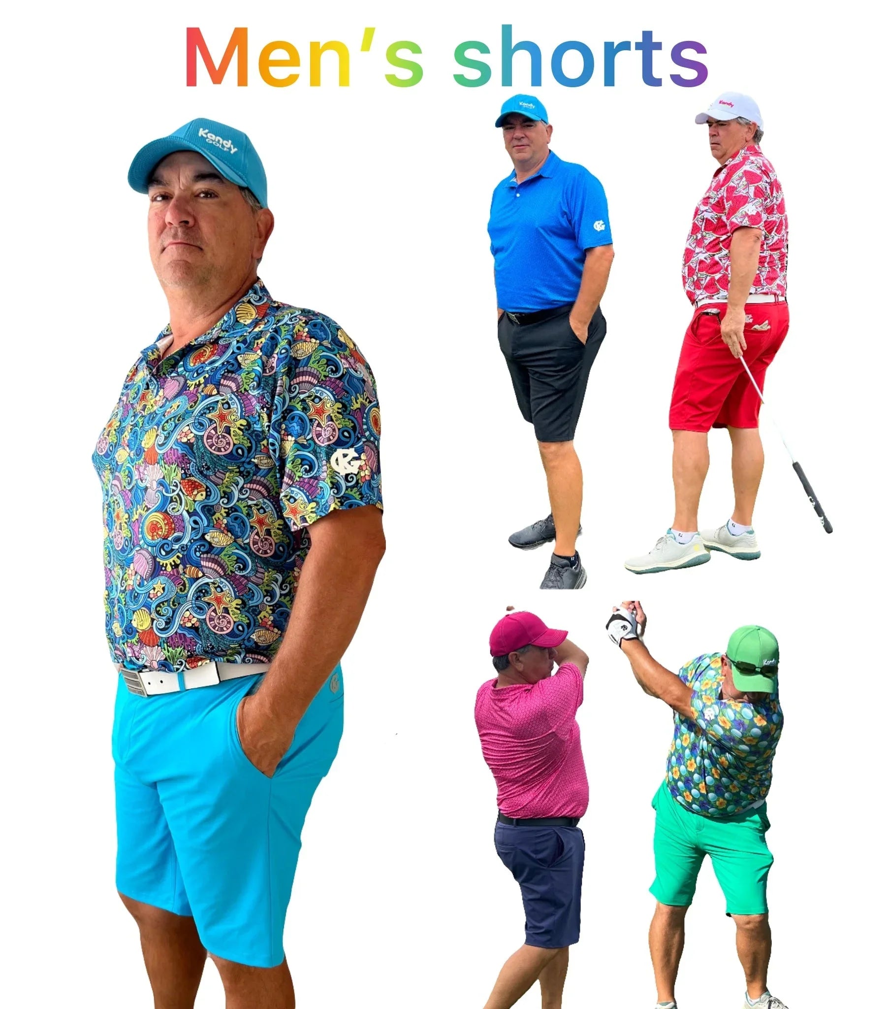 Men modeling colorful golf shorts and shirts in various poses with 'Men's shorts' text above.