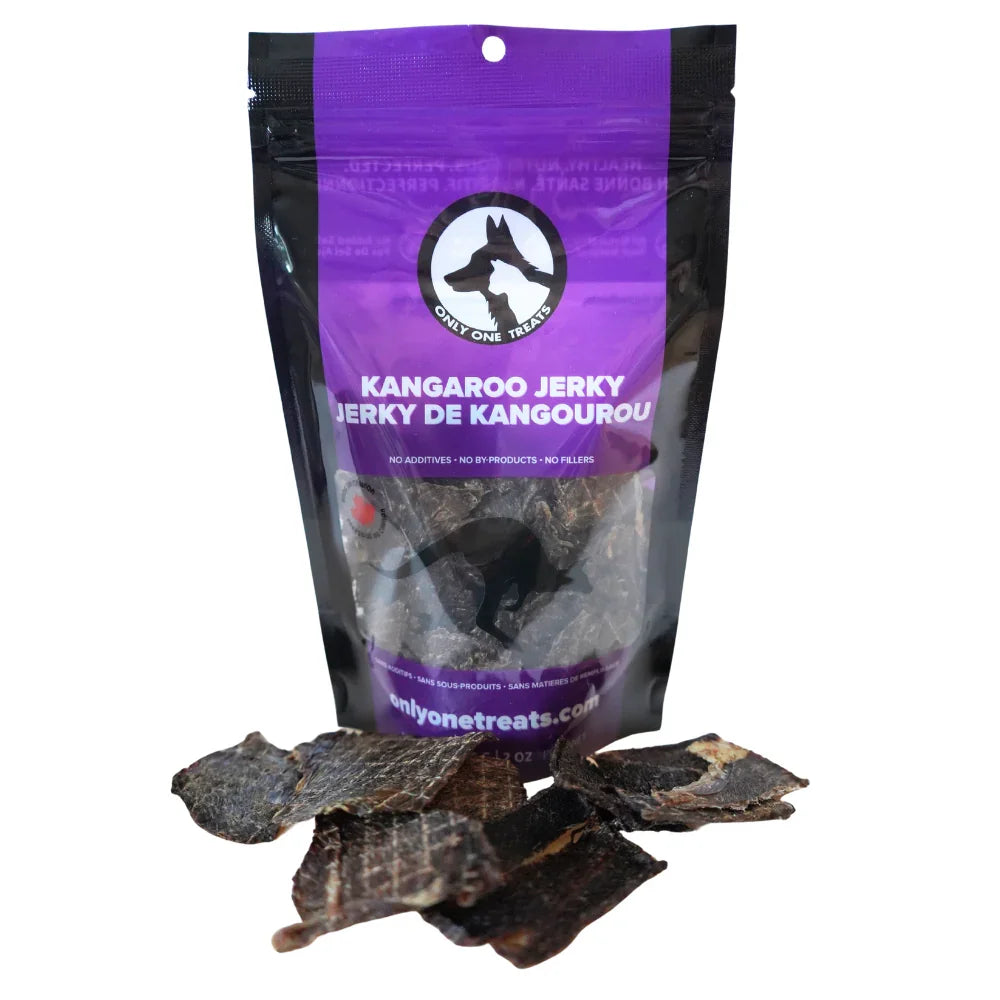 Only One Treats Kangaroo Jerky 56g dog treat bag with jerky pieces in front