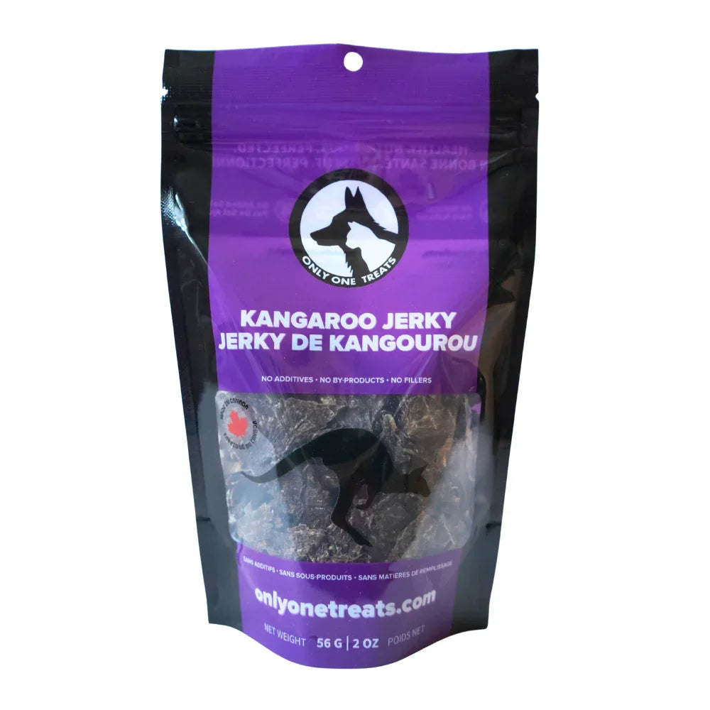 Only One Treats Kangaroo Jerky 56g dog treats in resealable purple package