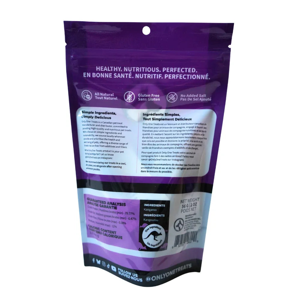 Back of Only One Treats Kangaroo Jerky 56g pet treat bag, showing ingredients and nutrition info