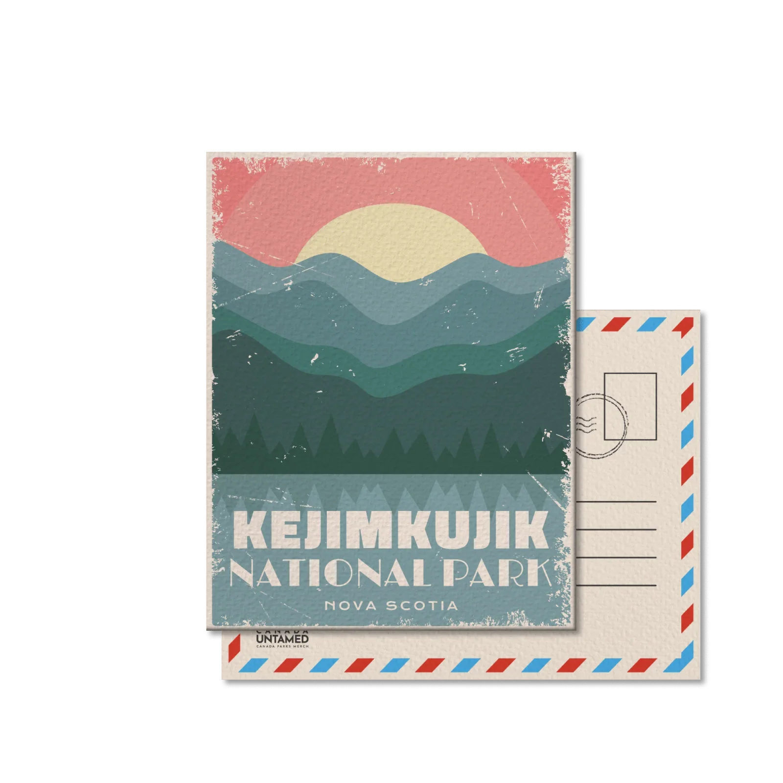 Kejimkujik National Park Nova Scotia vintage postcard with mountains and sunset illustration
