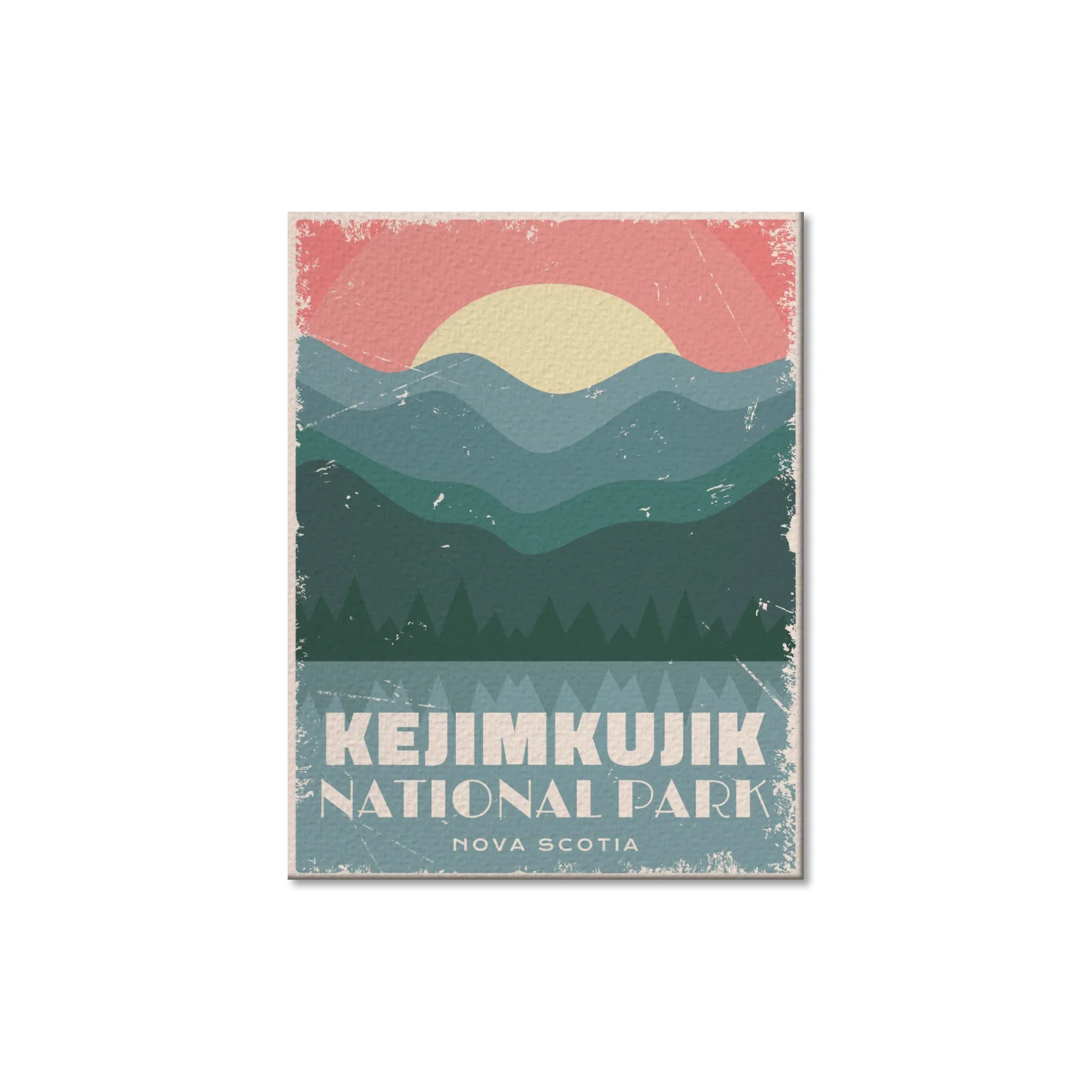 Kejimkujik National Park Nova Scotia postcard with stylized sunset and mountains
