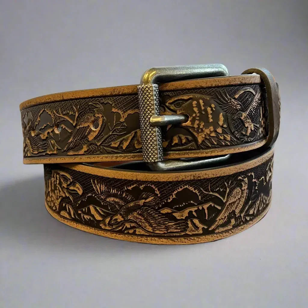 Keldon grain leather men's belt with eagle embossed pattern and removable buckle