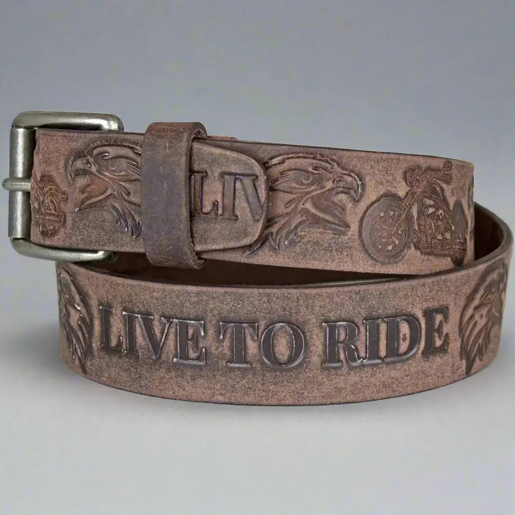 Keldon grain leather men's belt with 'Live to Ride' text, eagle and motorcycle embossing