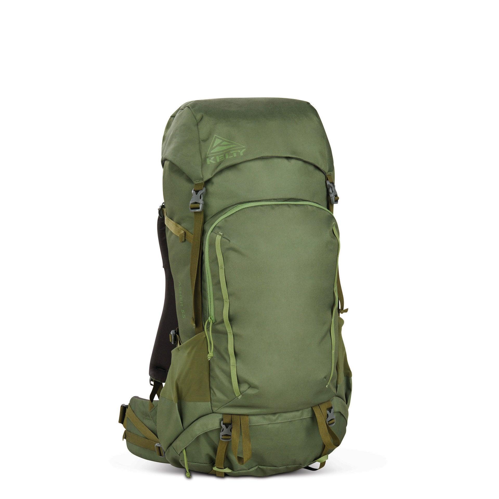 Kelty Asher 55 green hiking backpack with multiple compartments on white background