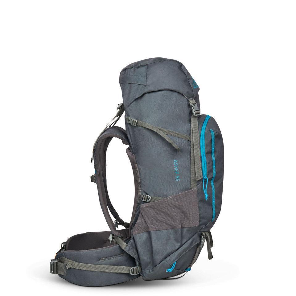 Kelty Asher 55 backpack dark gray with blue accents, side view, outdoor gear