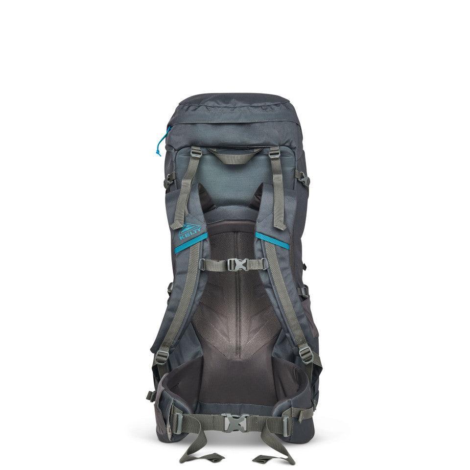 Kelty Asher 55 backpack dark grey with blue accents, padded straps, and hip belt