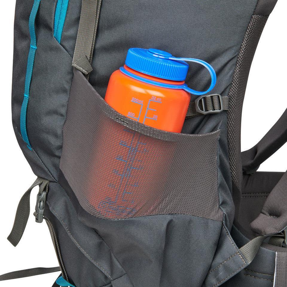 Kelty Asher 55 backpack with orange water bottle in mesh side pocket, outdoor gear
