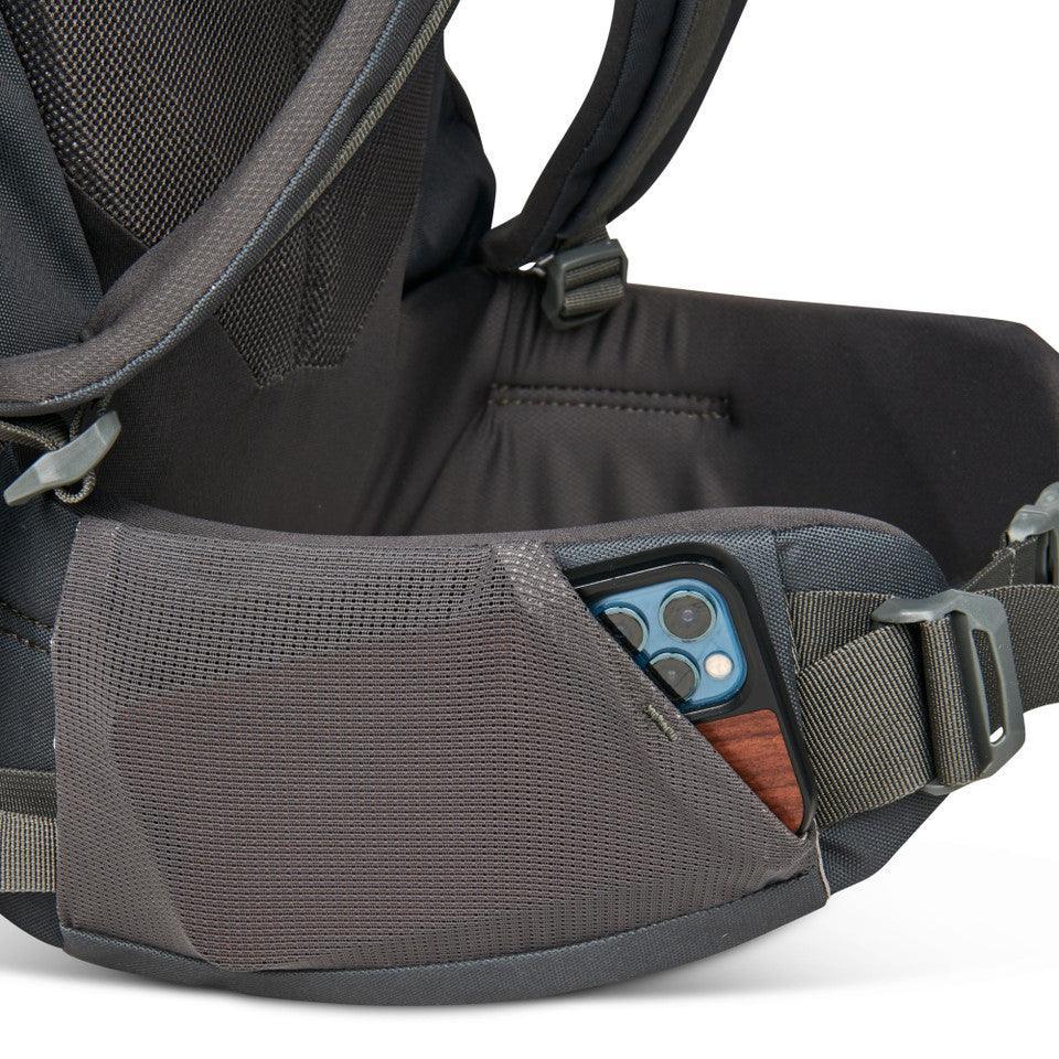 Kelty Asher 55 backpack hip belt pocket holding a smartphone
