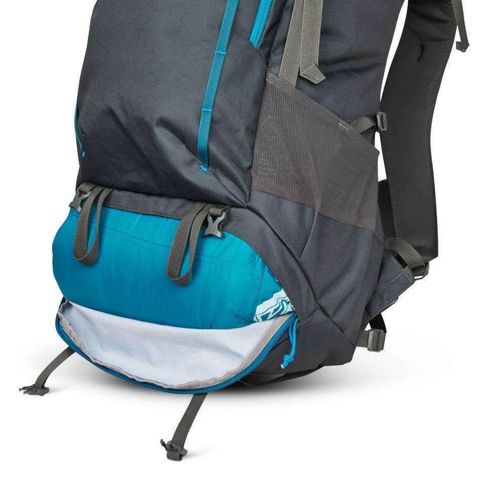 Kelty Asher 55 backpack bottom compartment open, teal and black hiking gear closeup