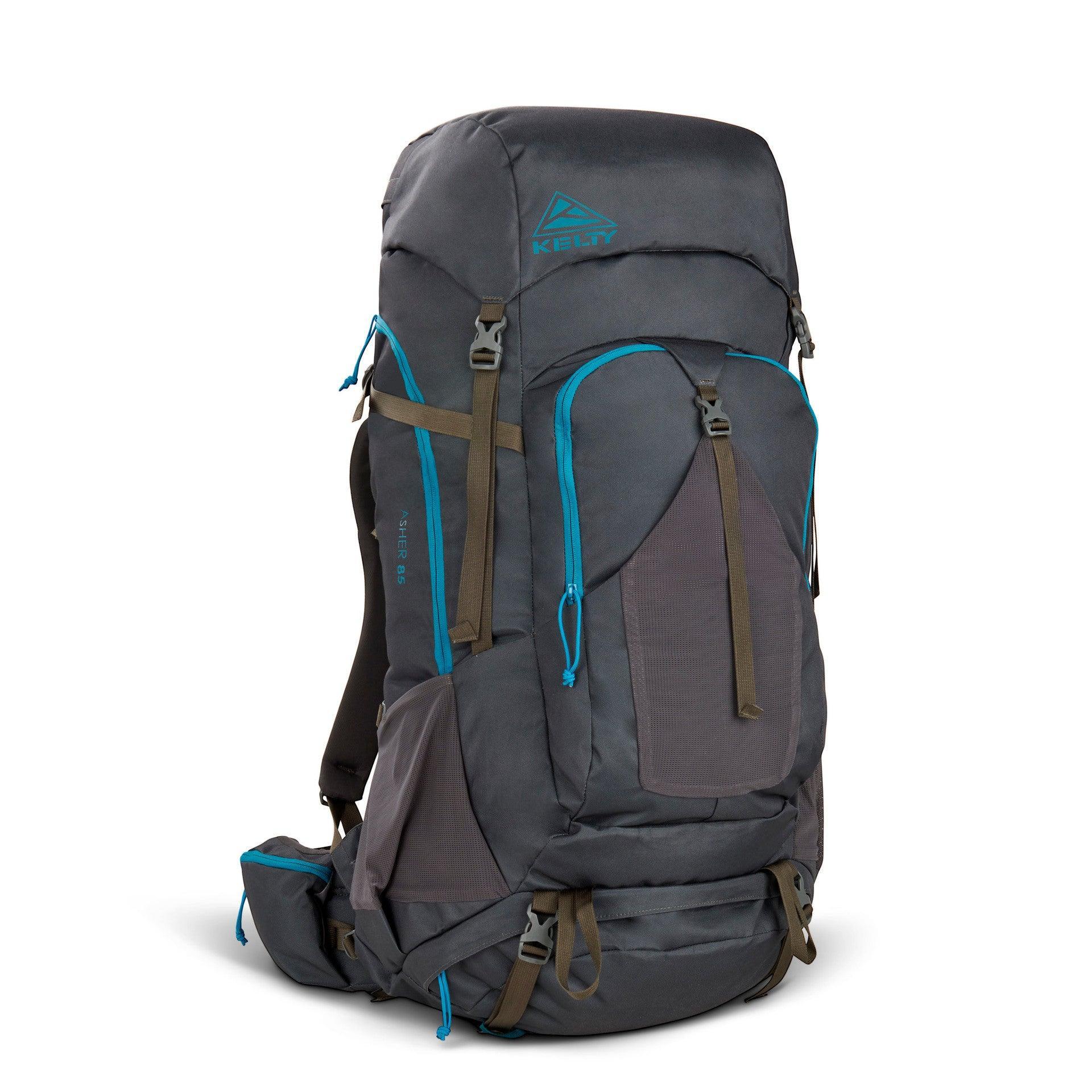 Kelty Asher 85 hiking backpack gray with blue accents on white background