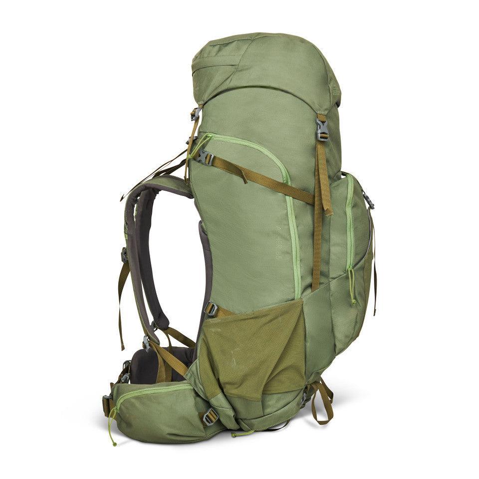 Kelty Asher 85 green hiking backpack with multiple pockets and padded straps