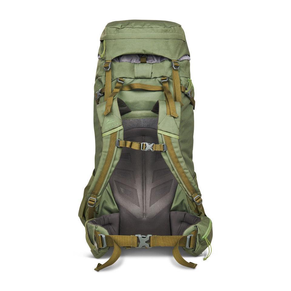 Kelty Asher 85 green hiking backpack with padded straps and hip belt on white background