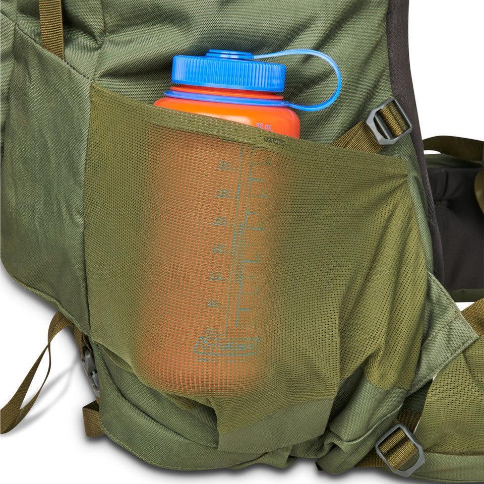 Olive green Kelty Asher 85 backpack with orange water bottle in mesh side pocket