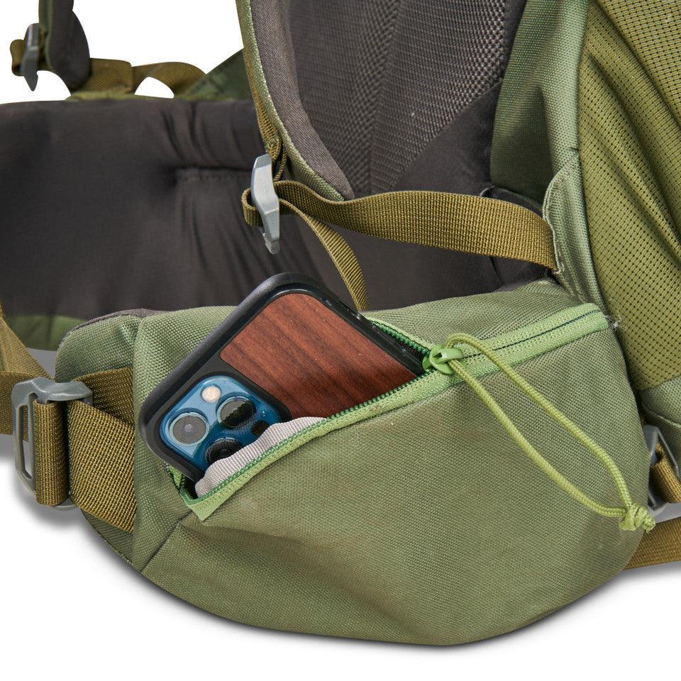 Kelty Asher 85 green backpack hip belt pocket with smartphone inside
