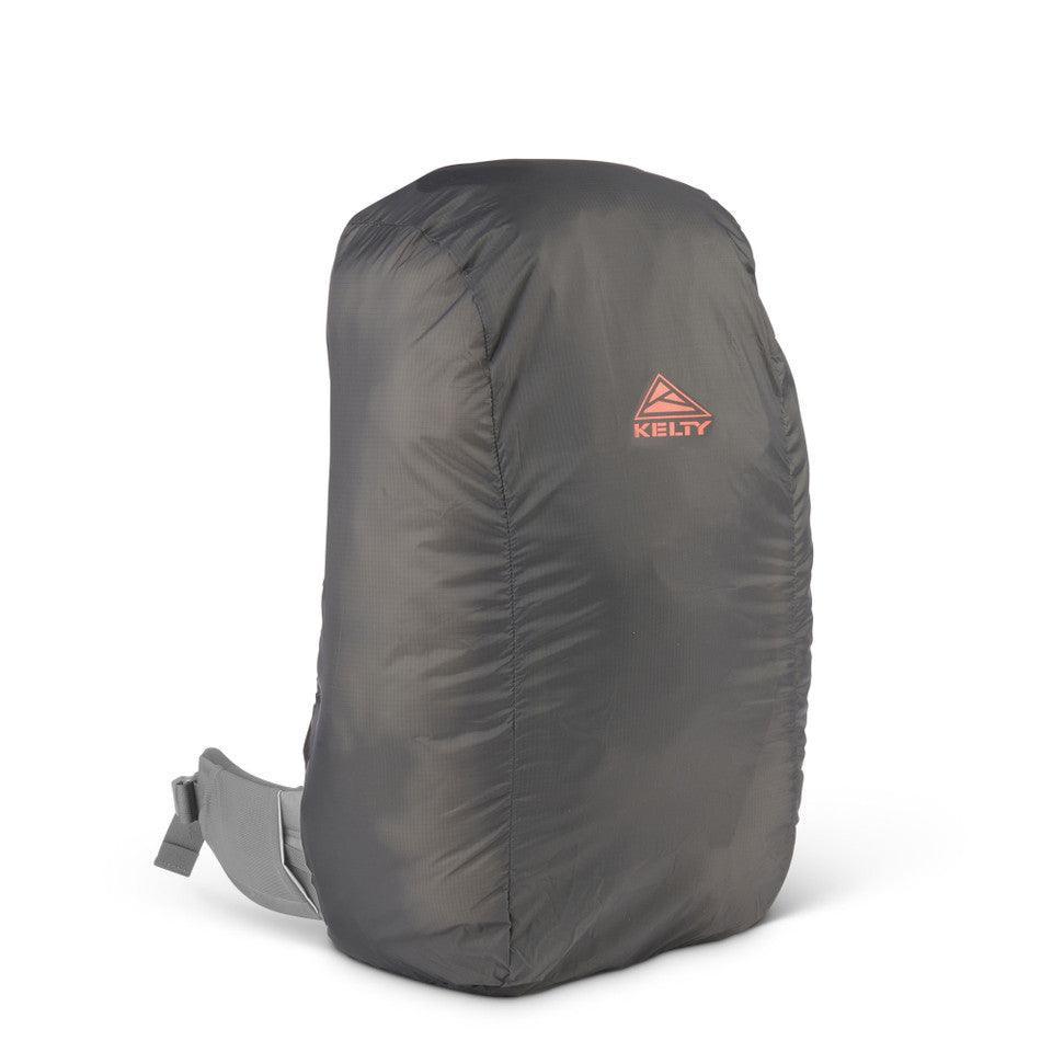 Kelty black rain cover protecting hiking backpack on white background