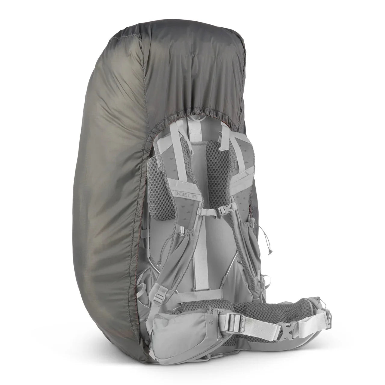 Gray hiking backpack with rain cover, padded straps and hip belt on white background