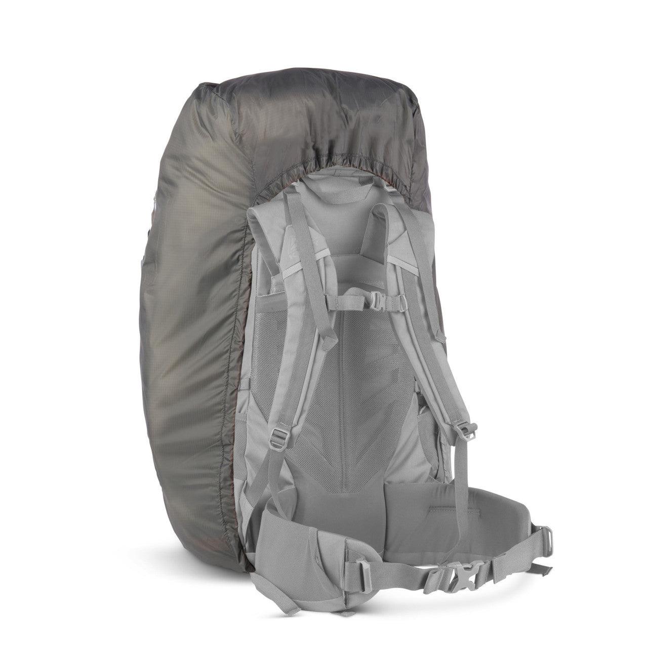 Gray hiking backpack with rain cover and padded straps on white background