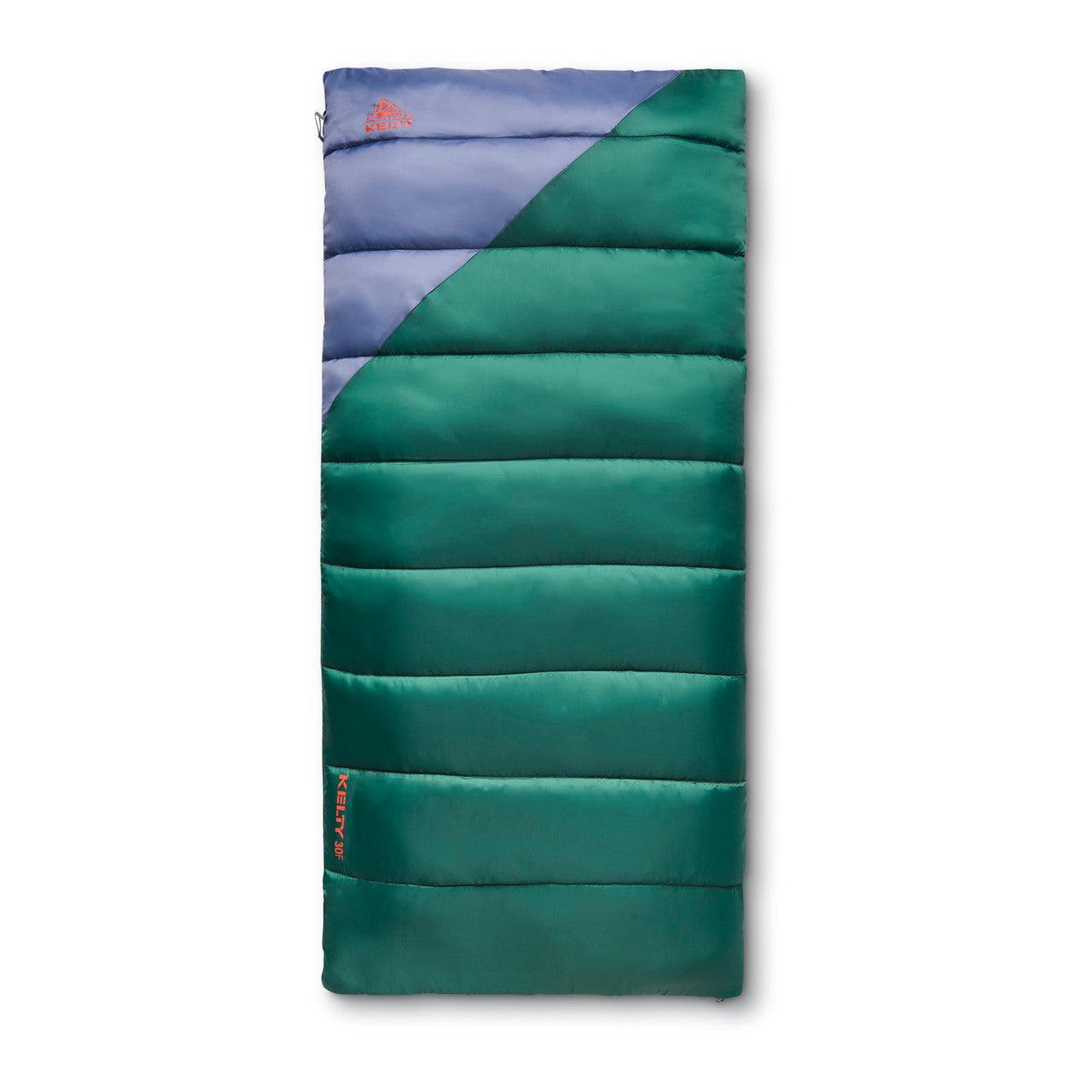 Green and blue rectangular Kelty sleeping bag on a white background