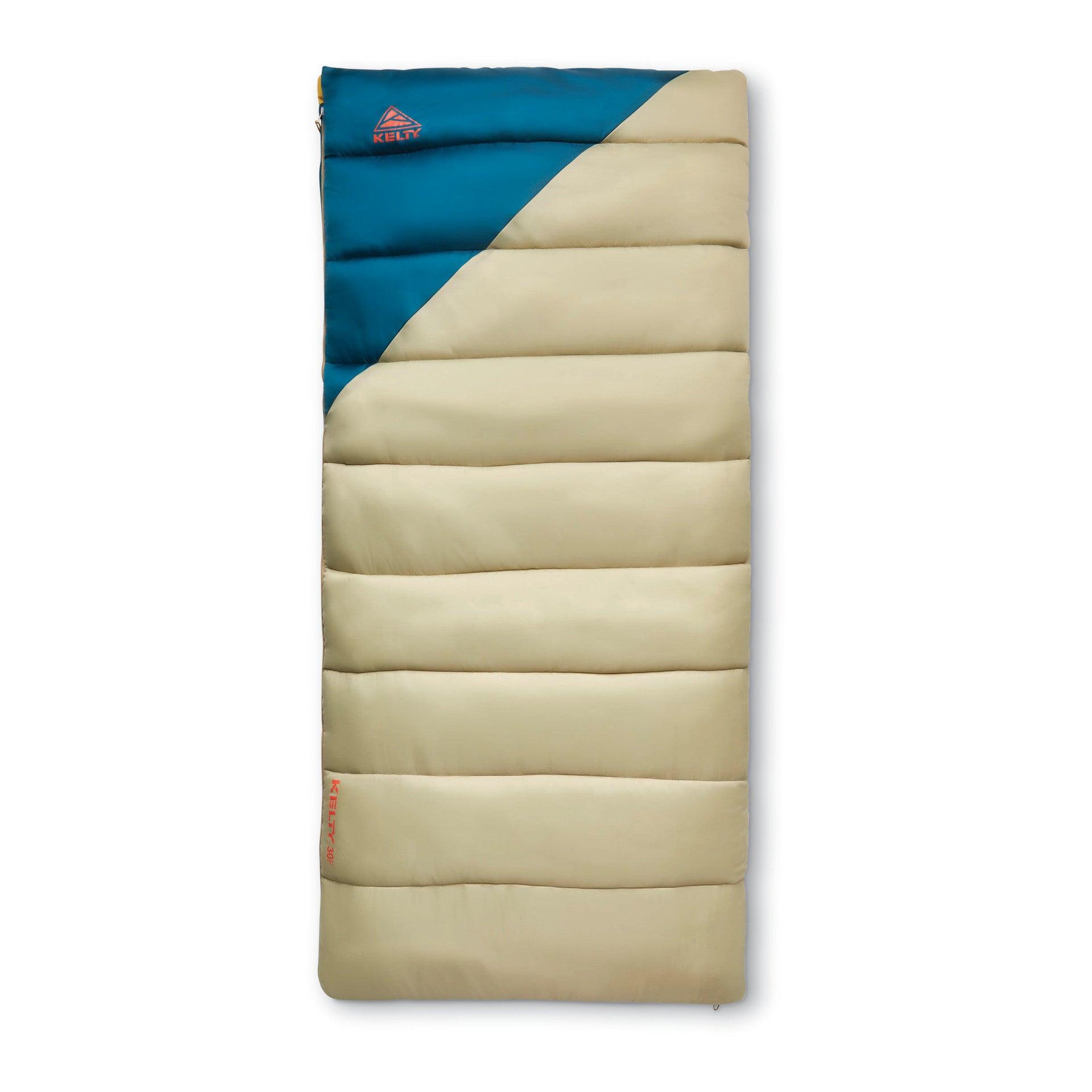 Kelty Catena 30 rectangular sleeping bag, tan and teal color, outdoor gear