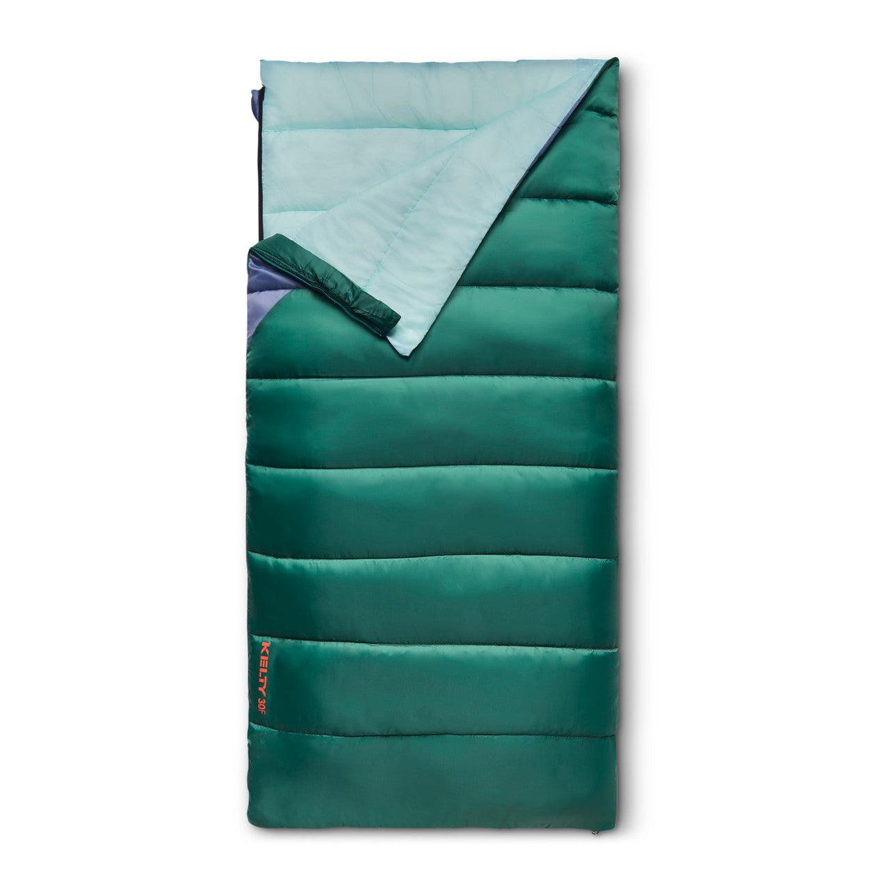 Green rectangular sleeping bag with light green lining on a white background