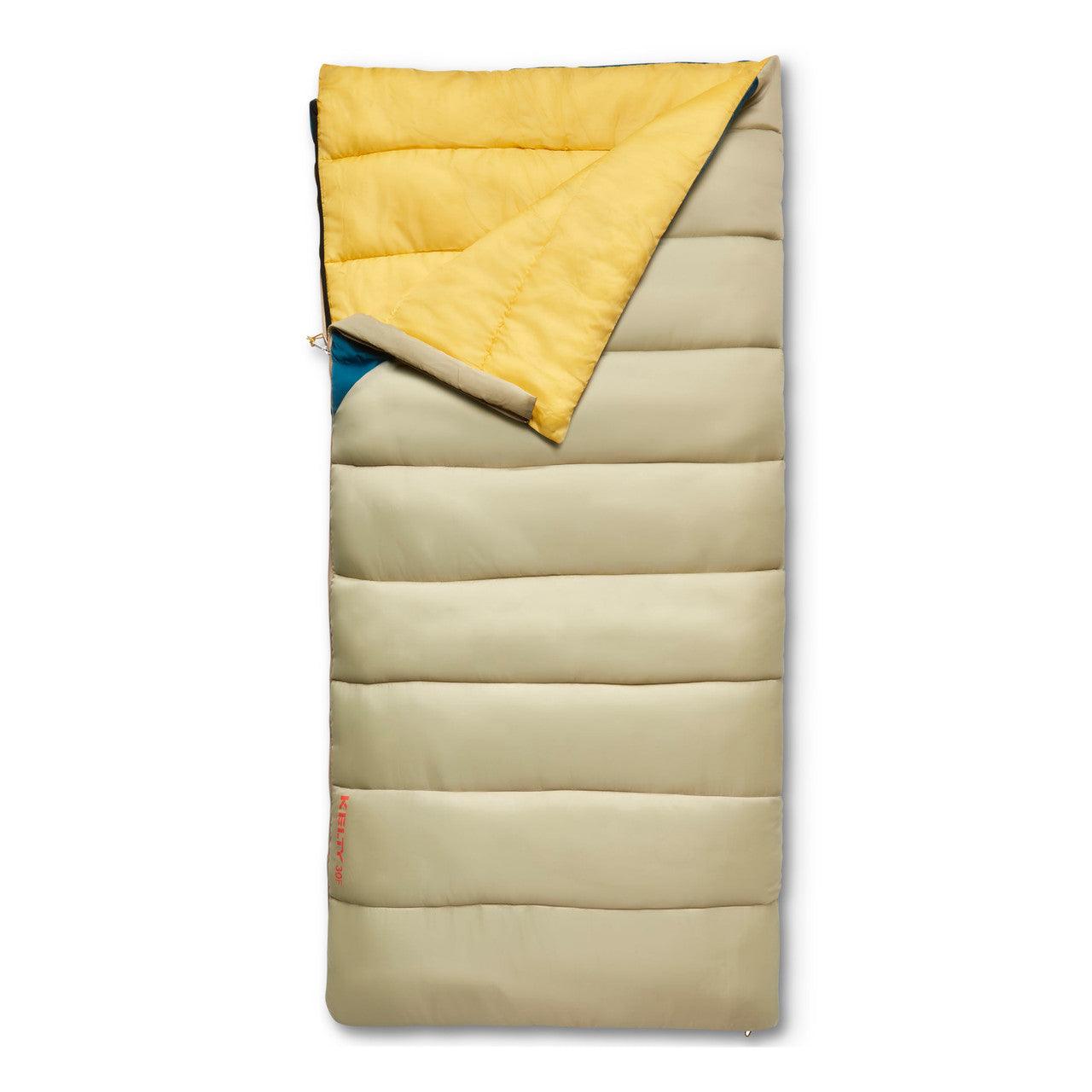 Rectangular beige sleeping bag with yellow interior on white background