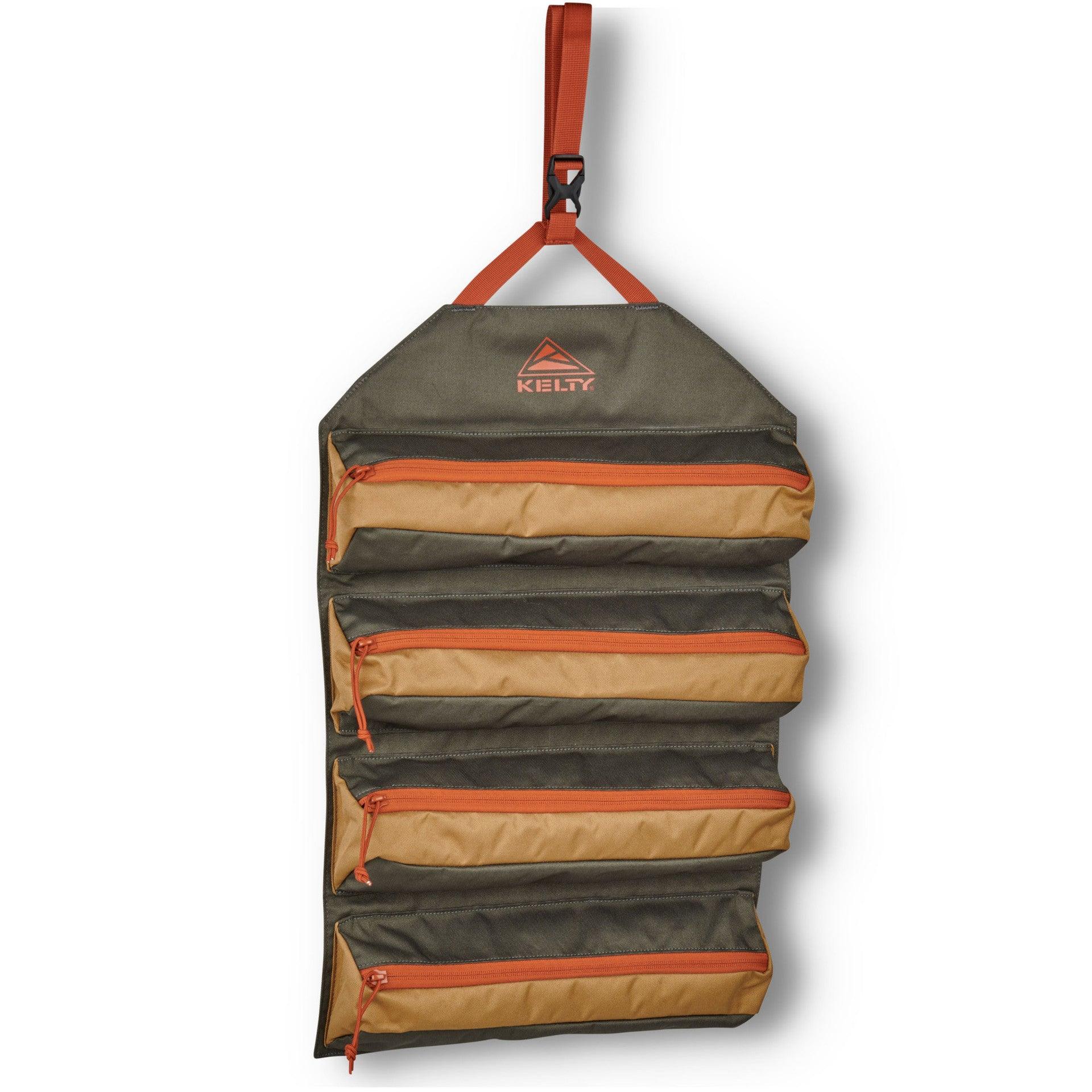 Kelty hanging organizer with five brown and olive zippered pockets and orange strap