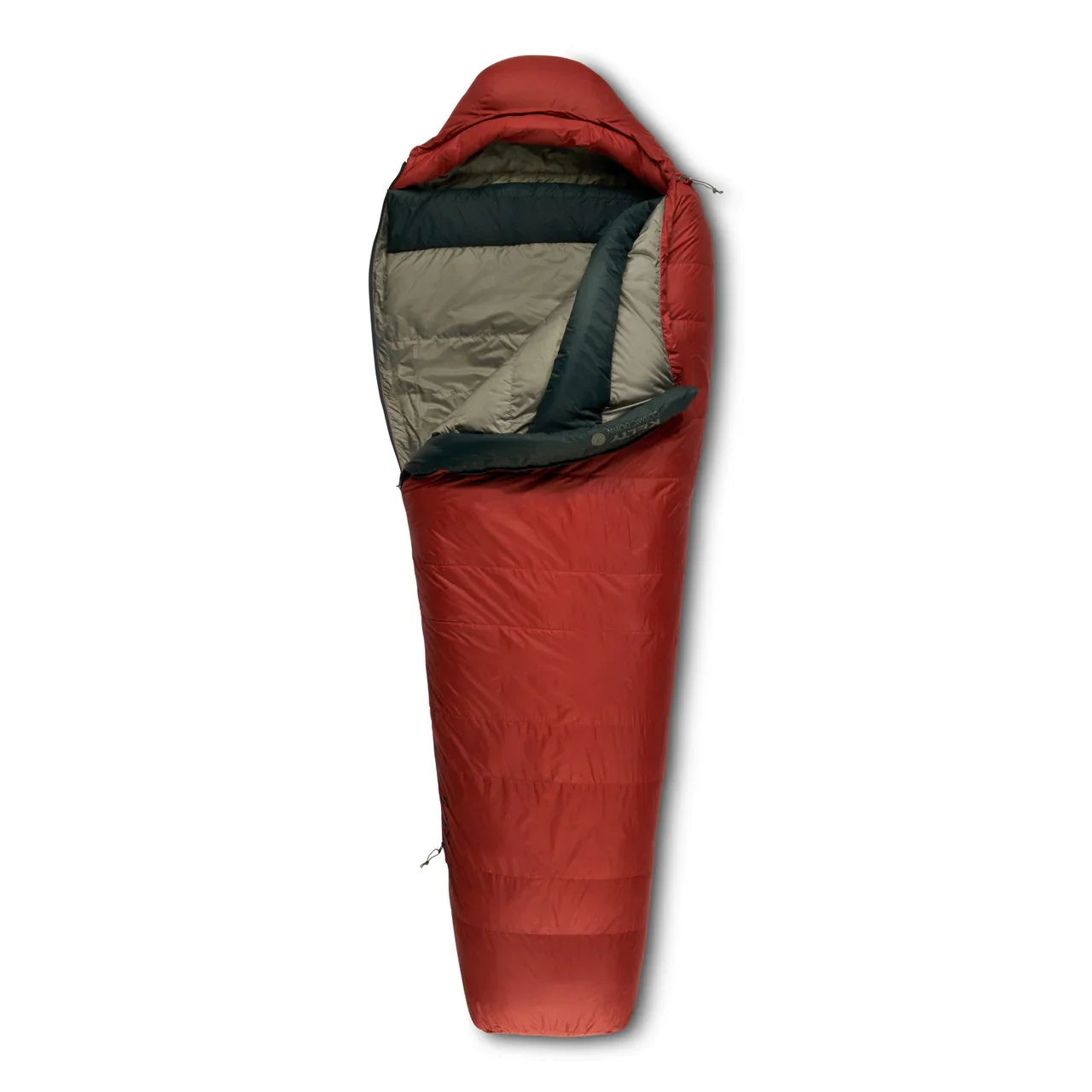 Red mummy-style sleeping bag with grey interior for camping and hiking
